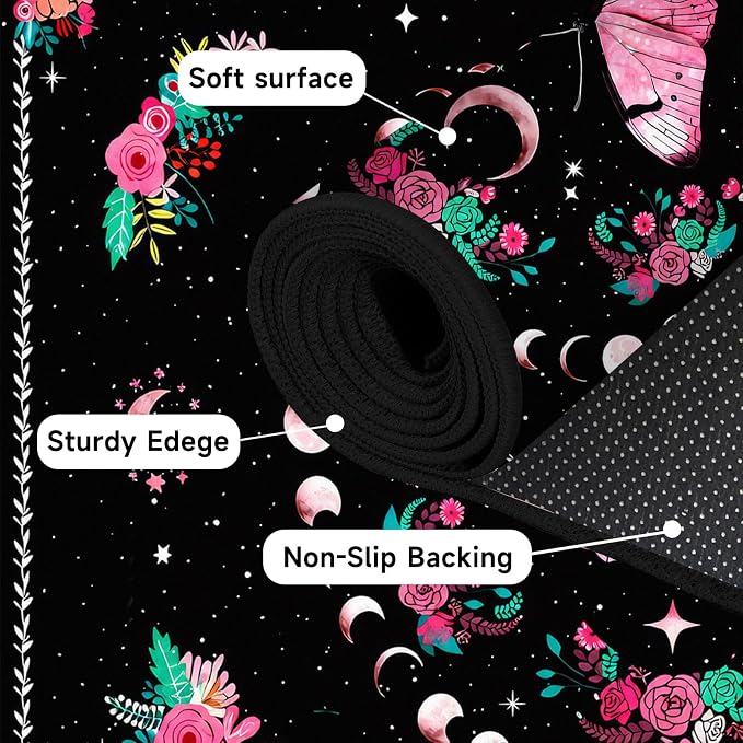 Pink Butterfly Area Rug 2'x3' Moon Phase Floral Rugs for Entryway Bedroom Living Room Kitchen Home Decor Boho Gothic Butterfly Carpet Non-Slip Washable Floor Mat