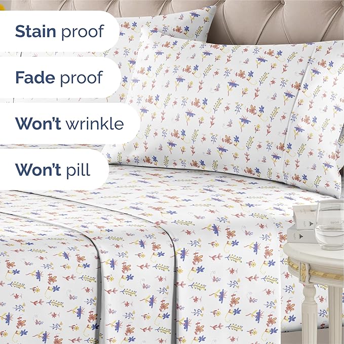 Floral Sheets - Butterfly Floral Bed Sheet Set - 1 Flat, 1 Fitted & 2 Pillowcases w/ Deep Pockets - Wrinkle & Fade Free Boho Botanical Bedding - Soft, Breathable and Cooling - Cal King Size Bed Set