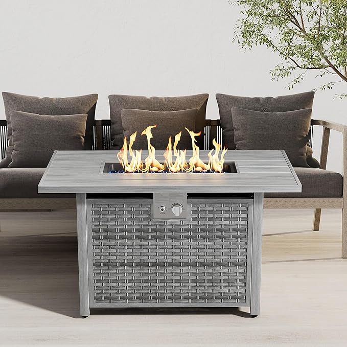 43" Rectangular Propane Fire Pit for Outside Patio 2 in 1, 50,000 BTU Fireplaces with Lid, Glass Rocks, Cover