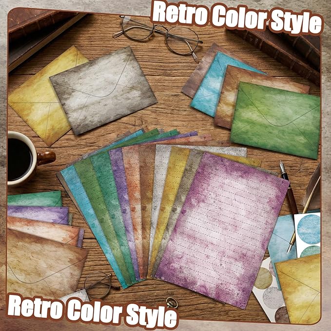 TaoBary 160 Pcs Stationery Paper Set 50 Double Sided Stationery Papers with 50 Matching Envelopes and 60 Round Dot Sticker, 10 Design (Vintage,8.25 x 5.5 Inch)