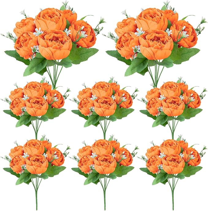 8 Pack Orange Peonies Artificial Flowers, Fall Fake Silk Hydrangea Bouquet for Bridal Wedding Home Table Decor Reusable Dining Opening Ceremony Birthday Arrangement Faux Floral