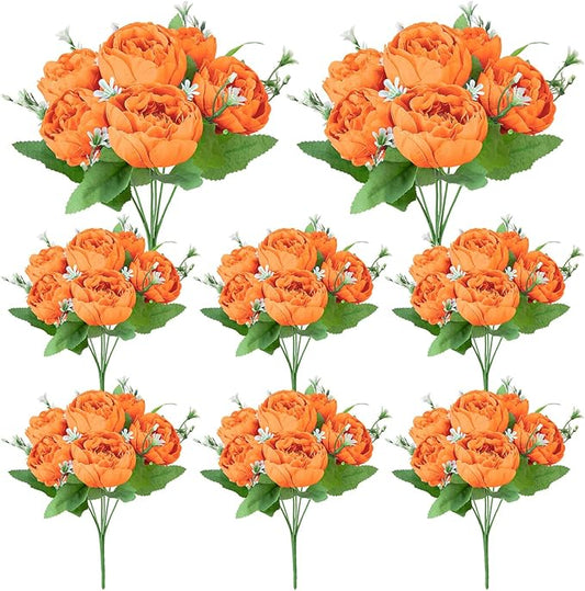 8 Pack Orange Peonies Artificial Flowers, Fall Fake Silk Hydrangea Bouquet for Bridal Wedding Home Table Decor Reusable Dining Opening Ceremony Birthday Arrangement Faux Floral