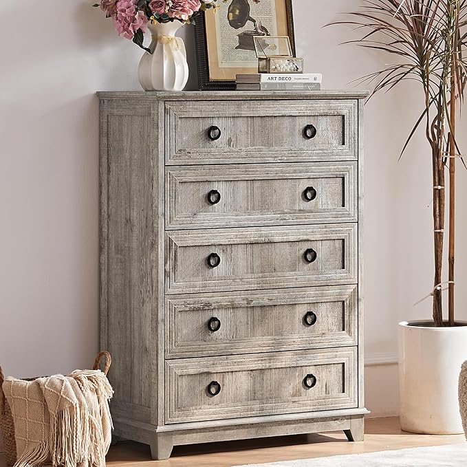 Farmhouse 5 Drawer Dresser for Bedroom Set of 2, 42" Tall Small Dressers & Chest of Drawers, Rustic Wood Dresser with Metal Handle, Storage Organizer Closet for Living Room, Hallway,Entryway