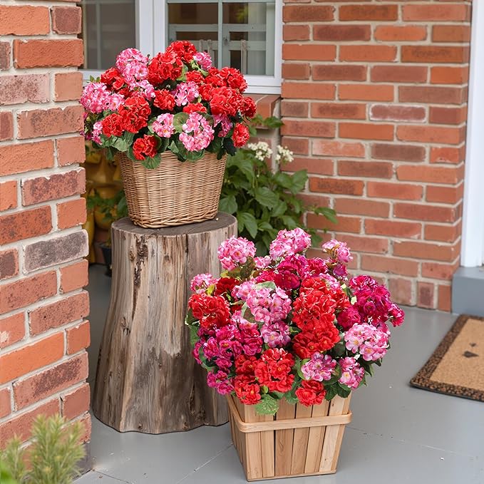 Artificial Geraniums Fake Flowers for Outdoors Decoration, 6 Bundles Silk Geraniums Flower UV Resistant Look Real Faux Plants for Front Door Garden Porch Planter Patio Balcony Yard Indoor Home, Mix