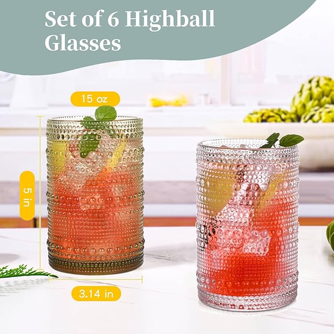 Green Hobnail Drinking Glasses Set of 6,15 oz Vintage Highball Glasses,Drinkware Kitchen Glasses for Cocktail,Iced Coffee,Beer,Ice Tea,Wine,Whiskey,Water