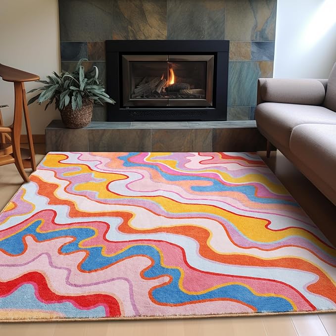 Colorful Abstract 5x7 Area Rug Ultra Thin Flatweave Funky Aesthetic Colorful Striped Bedroom Rug Orange Blush Washable Carpet for Kitchen Entryway Living Dining Room Dorm Nursery
