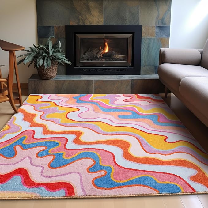 Colorful Abstract 6x9 Area Rug Ultra Thin Flatweave Funky Aesthetic Colorful Striped Living Room Rug Orange Blush Washable Carpet for Nursey Entryway Bedroom Dining Room Dorm Office