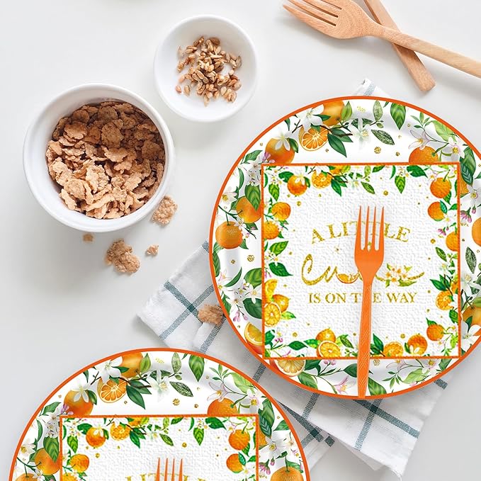 72 Pcs Little Cutie Baby Shower Party Supplies - Orange Birthday Decorations, Paper Plates and Napkins Set - A Little Cutie is on The Way Tableware Serves 24