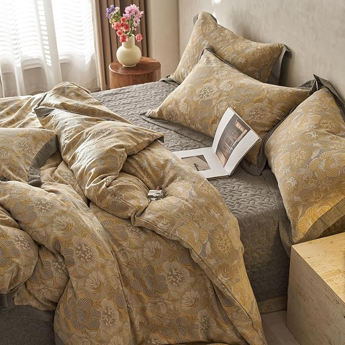 EAVD Vintage Style Yellow Floral Duvet Cover King Soft 100% Muslin Cotton Yarn-Dyed Jacquard Textured Bedding Set with 2 Pillowcases Linen Like Gauze Botanical Duvet Cover with Zipper Closure