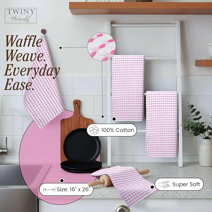TWINY threads Waffle Towels Set of 4, 16x26 Inches, 100% Cotton, Soft, Absorbent Waffle Weave Kitchen Dishcloth Set, Durable & Machine Washable Tea Towel, Rose Pink, White
