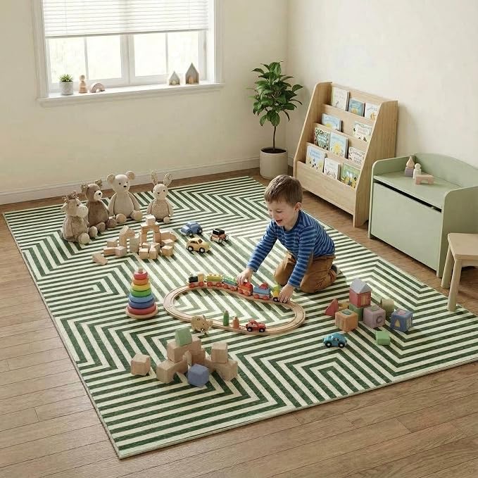 6x9 Washable Area Rugs for Living Room Modern Geometric Rug Non Slip Abstract Lines Soft Bedroom Carpet Low Pile Floor Mats for Bedroom Dining Home Office, Green