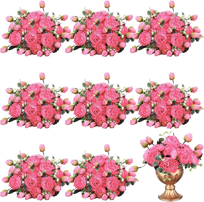 Hoteam 24 Bundles Artificial Peonies Flowers Wedding Faux Flowers Silk Peony Bouquet Bulk Bride Fake Florals Arrangements for Table Centerpieces Wedding Party Vase Decor (Hot Pink)