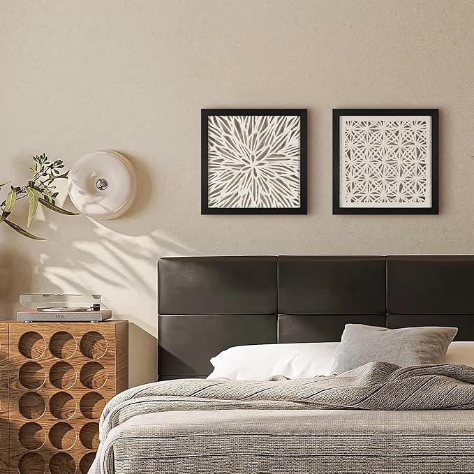 FOLKOR Abstract Framed Black and White Wall Art for Hallway Entryway Staircase, 12" Natural Rice Paper Geometric Wall Decor, Unique Room Aesthetic Artwork Wall Panel for Farmhouse Living Room Book Shop