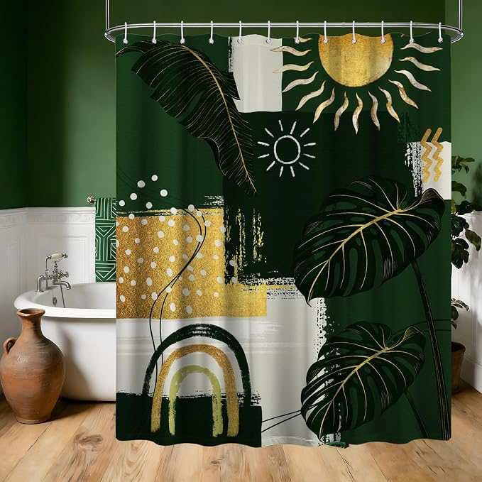 Extra Long Shower Curtain 96 Inchs Extra Tall Green and Gold XL Abstract Leaf Shower Curtains for Large Bathroom Decor Sets, Waterproof Cloth Fabric with Hooks, 70 x 96 Inch