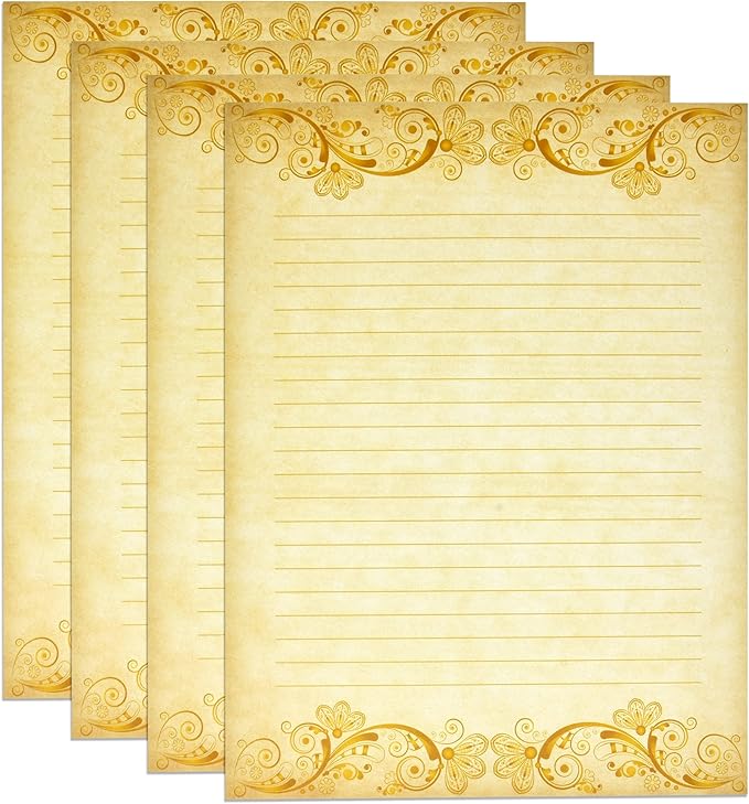Gift Boutique 100 Pack Vintage Lined Stationary Paper Gold Sheets For Writing Poems Lyrics Letters Wedding Invitations Printing Supplies, 8.5" X 11"