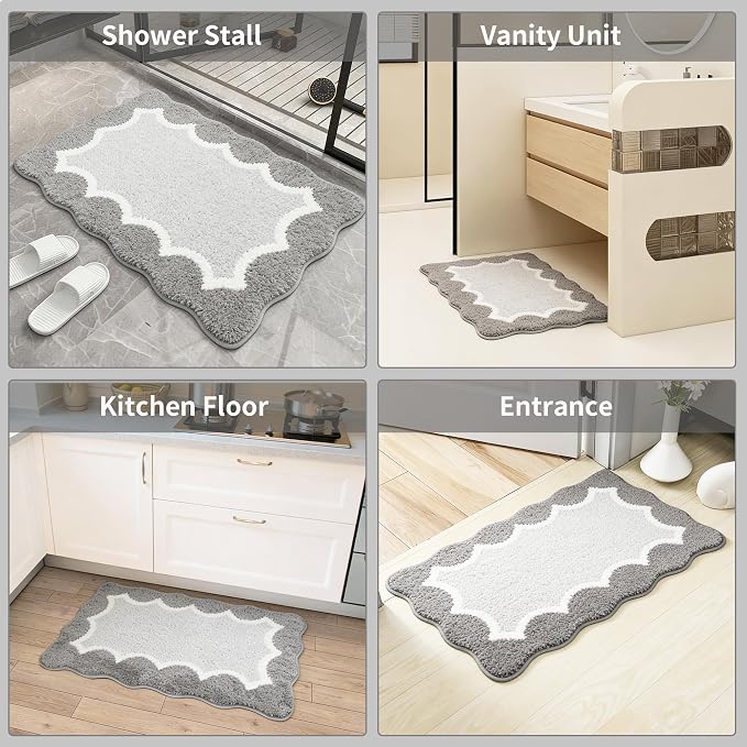 Scalloped Grey Bathroom Rugs Mat,Non Slip Absorbent Quick Dry Bath Mats for Shower Room,Plush Microfiber Bath Mats for Bathroom Floor Washable Carpet for Shower Tub Sink Bedroom,20"x32"