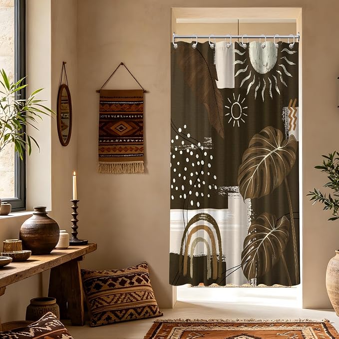 Dark Brown Mid Century Modern Shower Curtain Boho Abstract Khaki Earth Tone Shower Curtains for Bathroom Decor Sets, Waterproof Cloth Fabric with Hooks, 48 x 72 Inch