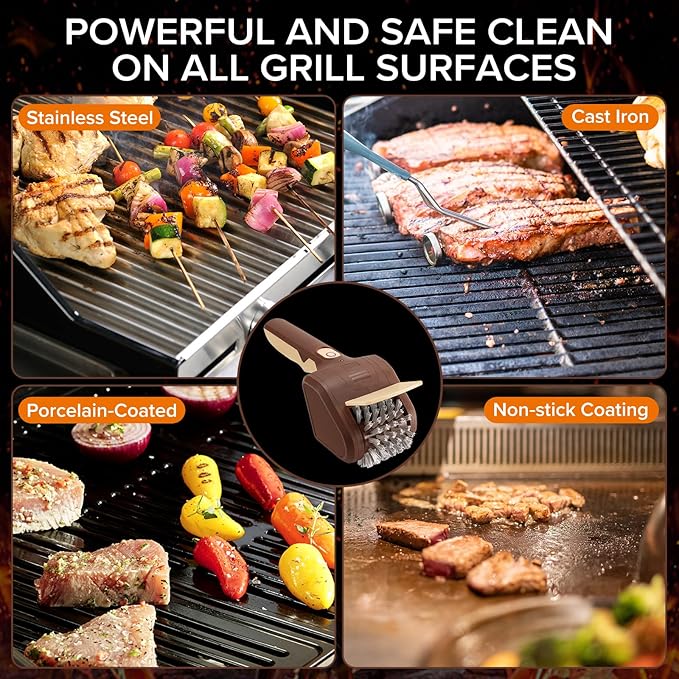 Lrly BBQ Grill Brush for Outdoor Grill, Cordless Electric Grill Cleaner, Rechargeable Grill Cleaning Stainless Steel Brush, Grill Scraper, BBQ Accessories Brown