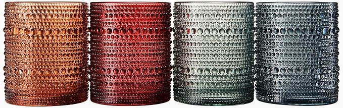 Khen Colored Glass Glasses | Set of 4 | Large Art Deco Glassware Muted Vintage Glasses for Wine, Champagne, Cocktail, Margarita, Wine Glass, Gift Idea, Muted Pastel Colors Goblets - Hobnail Beaded