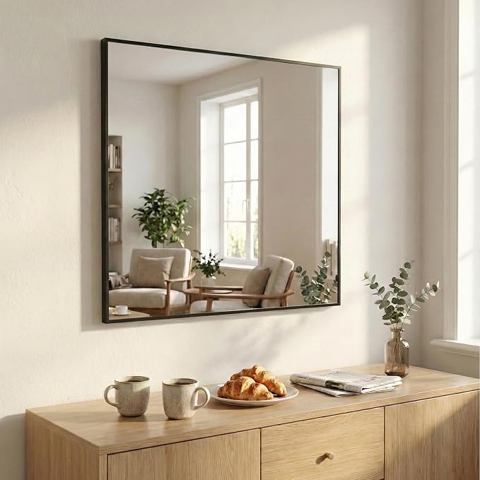 36"x36" Square Black Bathroom Mirror, Shatterproof Tempered Glass, Large Geometric Vanity Mirror, Oversized Ultra-Flush Wall-Mounted