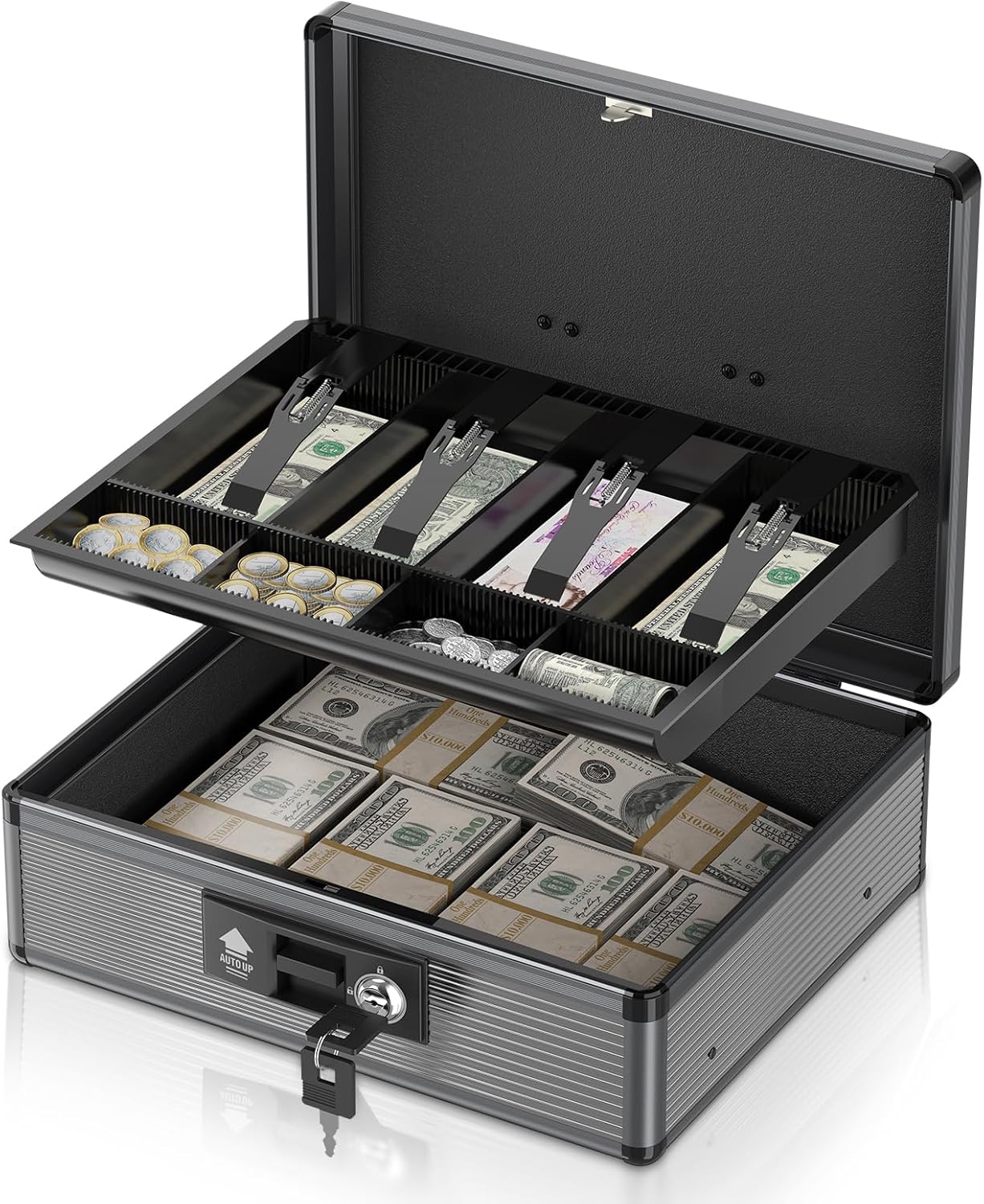 Skiennix Locking Cash Box - Secure Money Safe with Tray & Key | Extra Large Black Organizer