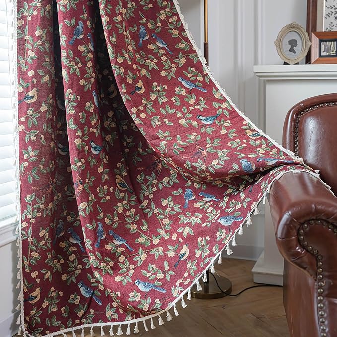 ENJOYBRIDAL Floral 63 Inch Curtains for Living Room Maroon Drapes Bird Pattern Jacquard Short Window Curtain Panels Rod Pocket Bedroom Farmhouse Boho Tassel Semi Blackout 2 Panels Window Treatments