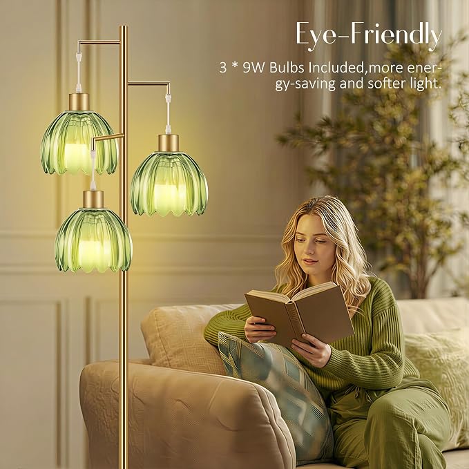 COTTHOS Gold Floor Lamp for Living Room, Modern Standing Lamp Brass Glass Green Tree 3 Light Tall Floor Lamps for Bedroom & 800 Lumens LED Bulbs, Vintage Flower Lamp Shade Farmhouse Boho Bohemian