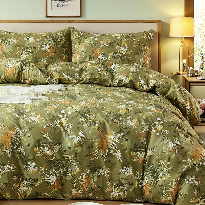 100% Cotton Duvet Cover King Size – Vintage Olive Green Floral Duvet Cover Set with Zipper Closure, 3-Piece Soft Breathable Natural Premium Cotton Bedding Set for All Seasons