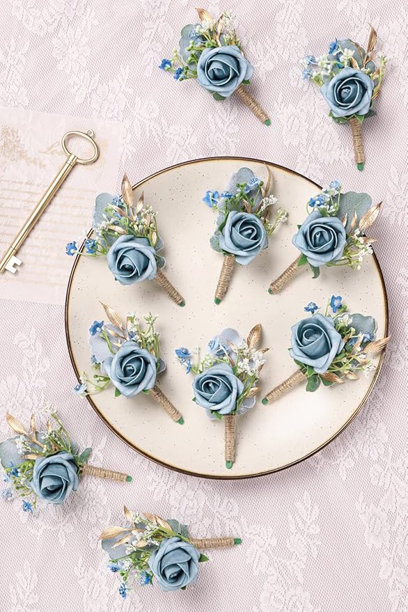 Rose Boutonnieres for Men Wedding Groom and Groomsmen Boutonniere for Rustic Fall Vintage Wedding Prom, Dusty Blue,Set of 10