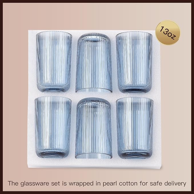 Blue Ribbed Highball Glasses Set of 6, 13.2oz Midnight Blue Colored Glassware, Drinking Glasses for Water, Juice, Iced Coffee, Cocktails, Blue Glass Cups, Housewarming Christmas Gift
