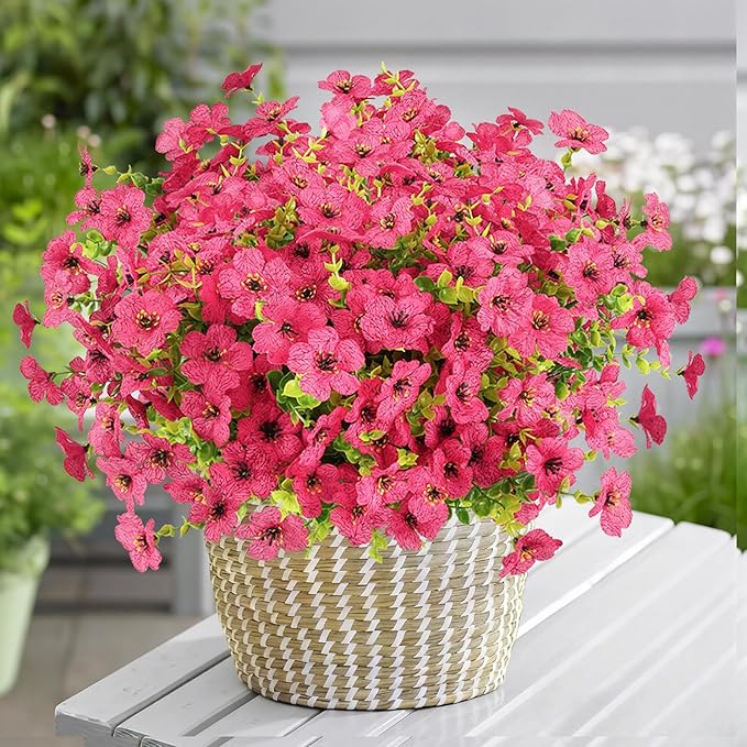 Artificial Flowers Outdoor Faux Plants UV Resistant Fake Patio Flowers Plastic Greenery Plnats Outside Bulk for Spring Garden Hanging Planter Home Vase Decor, 12 Bundles (Rose Red)