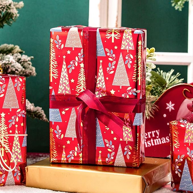 MAYPLUSS Christmas Wrapping Paper Roll - 17IN X 33FT - Christmas Gift Wrapping Paper Featuring Triangle Tree Against Red Reversible Gold for Kids, Holiday, New Year