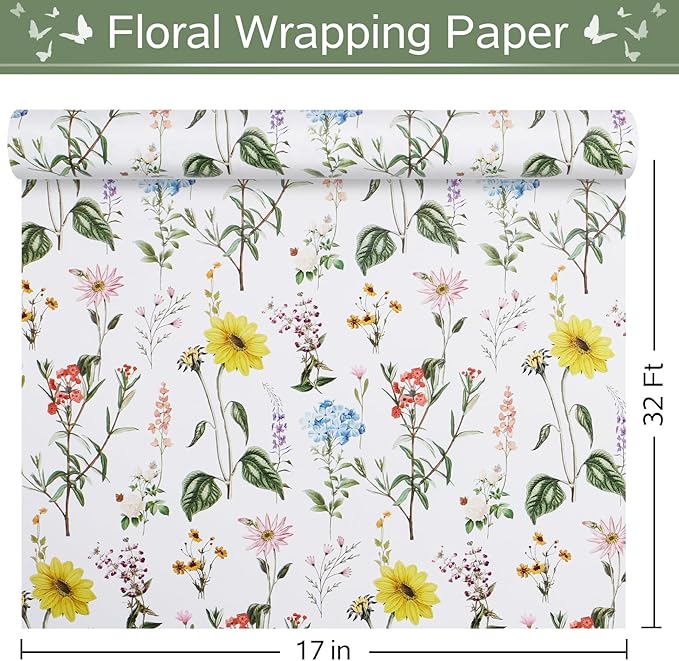 RayofSun Floral Wrapping Paper Roll 17 in x 32 ft Mini Roll Yellow Flower Wildflowers Plants Gift Wrap Paper for All Occasion Wedding Birthday Bridal Shower Party Baby Shower Christmas