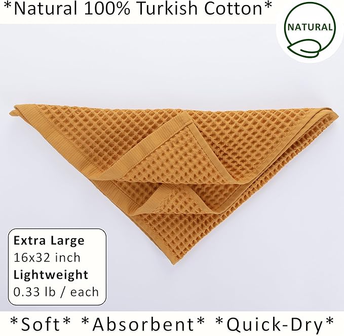 PÜSKÜL Natural 100% Turkish Cotton Waffle Kitchen Towels Set of 3 | Oeko-Tex, Premium Waffle Hand Towels for Bathroom | Soft Absorbent Quick-Dry Lint-Free Dish Towel Large 32x16 in (3, Mustrad Yellow)