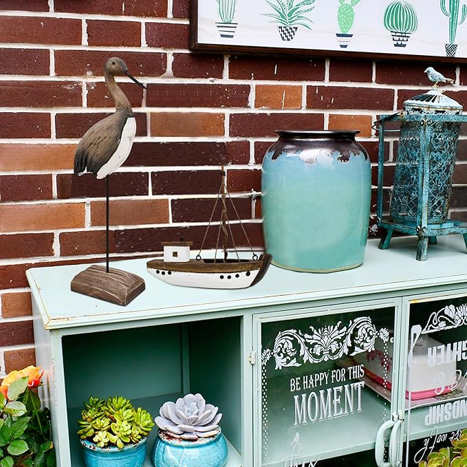 Wood Bird Statue Nautical Decor Decorative Sea Birds Sculpture Wooden Tabletop Figurine Coastal Ocean Beach Themed Decoration for Home Yard Bathroom Living Room (12.4" H)