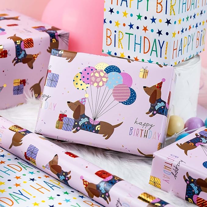 Burymento Birthday Dog Wrapping Paper, Reversible Color Happy Birthday Gift Wrap for Baby Shower, Valentines, Mothers day, Graduation, Wedding, Fathers day, Christmas (17in x 32.8ft)