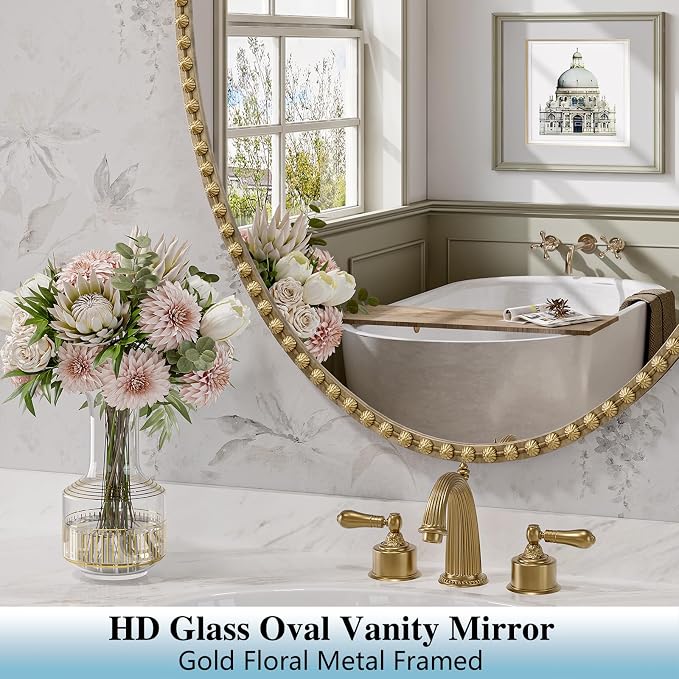 Gold Oval Bathroom Mirror, 48x30 Inch Floral Oval Mirrors for Wall, Antique Gold Metal Floral Frame Mirrors for Bedroom Living Room Hallway, Hangs Horizontally or Vertically