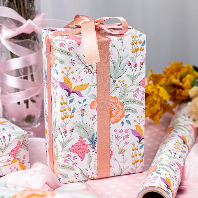Merture Floral Wrapping Paper Roll with Pink Polka Dots Reverse - 17 In X 32.8 Ft(46.5 sqft) Vibrant Flower Desgin Gift Wrap for Mothers Day, Valentines Day, Birthday, Wedding, Anniversary