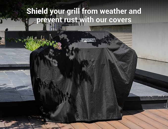 Monument Grills 4-Burner Liquid Propane Gas Grill, Silver Stainless Steel Grill Patio Garden Barbecue Grill with Clearview® Lid and One Foldable Shelf, Mesa400MF with BBQ Cover