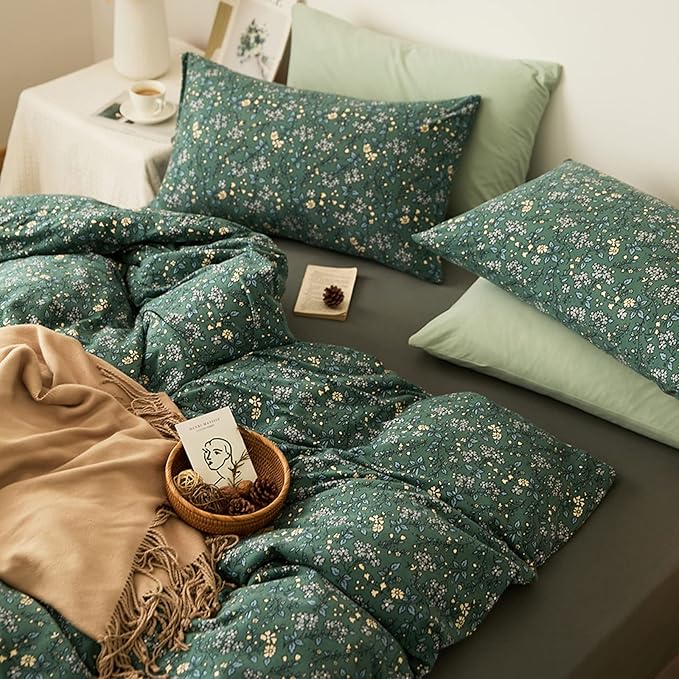 HighBuy Jersey Knit Cotton Duvet Cover King Green Floral 100% T-Shirt Cotton Comfy Bedding Sets Super Soft Garden Chic Comforter Cover King Size