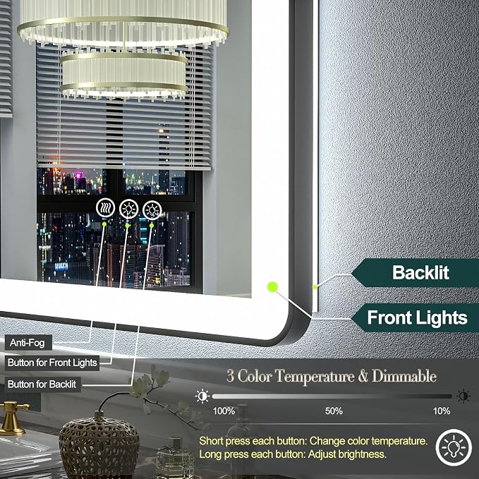 60"x40" LED Mirror for Bathroom, Black Framed LED Bathroom Vanity Mirror, Dimmable, Anti-Fog, Shatterproof, Independent Backlit+Front Lights, Rounded Corner, Memory, ETL Listed