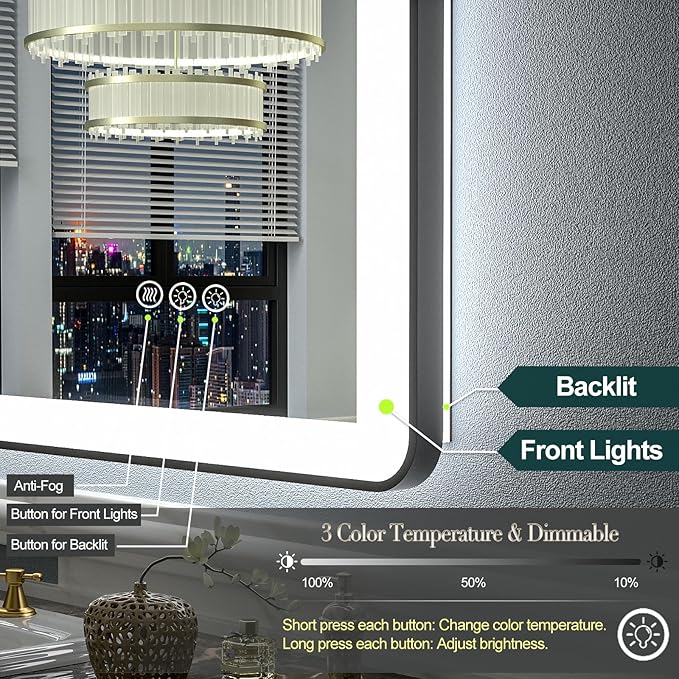60"x30" LED Lighted Bathroom Mirror for Wall, Large Framed Bathroom Vanity Mirror with Lights, Independent Backlit and Front lit, Dimmable, Anti-Fog, Shatterproof, Memory, ETL Listed