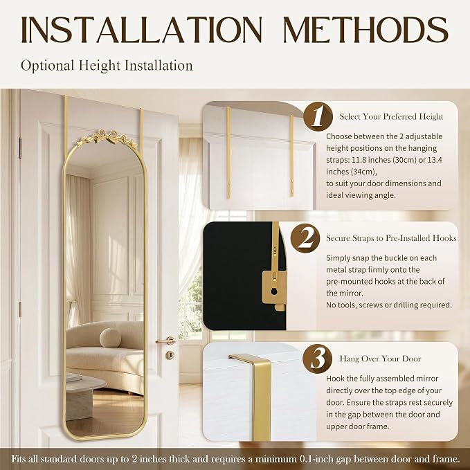 Besdomus Door Mirror Full Length: 14"x50" Gold Vintage Bow Over The Door Hanging Mirror - Antique Baroque Traditional Ornate Full Body for Girls Bedroom/Cloakroom/Living Room - Ideal for Teen Girl