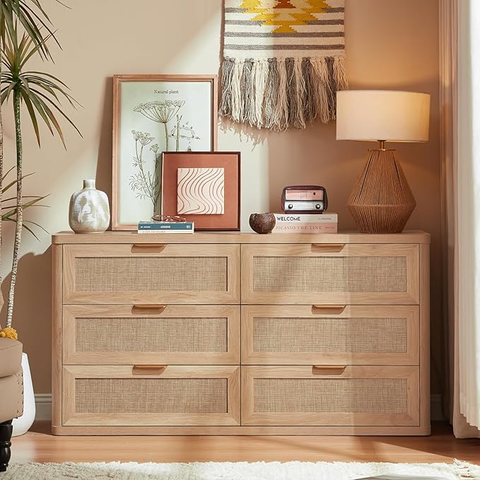 LEYAOYAO Rattan 6 Drawer Dresser for Bedroom, Boho 54" Wide Natural Wood Dresser Chest of Drawers, Dressers TV Stand with Metal Handle, Storage Dressers Closet Organizer for Living Room, Hallway