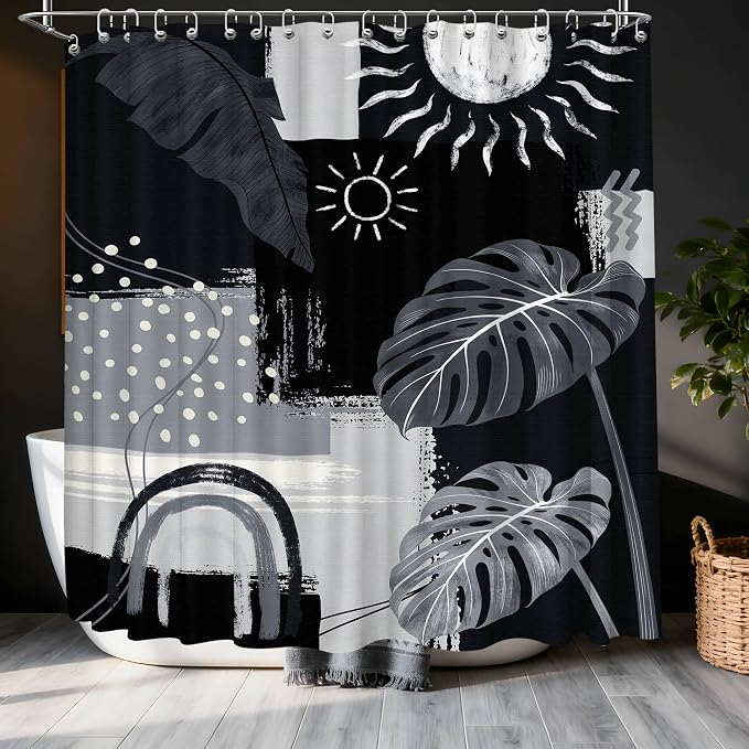Extra Long Shower Curtain Extra Tall Black and Gray XL Black and Grey Abstract Shower Curtains for Large Bathroom Decor Sets, Waterproof Cloth Fabric with Hooks, 108x72 Inch