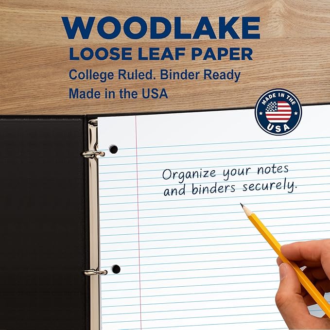 Woodlake Loose Leaf Paper, College Ruled Notebook Paper, 8 x 10.5”, 150 Sheets per Pack, 3 Pack Bulk Lined Filler Paper, 3 Hole Punched, 60gsm, Made in USA