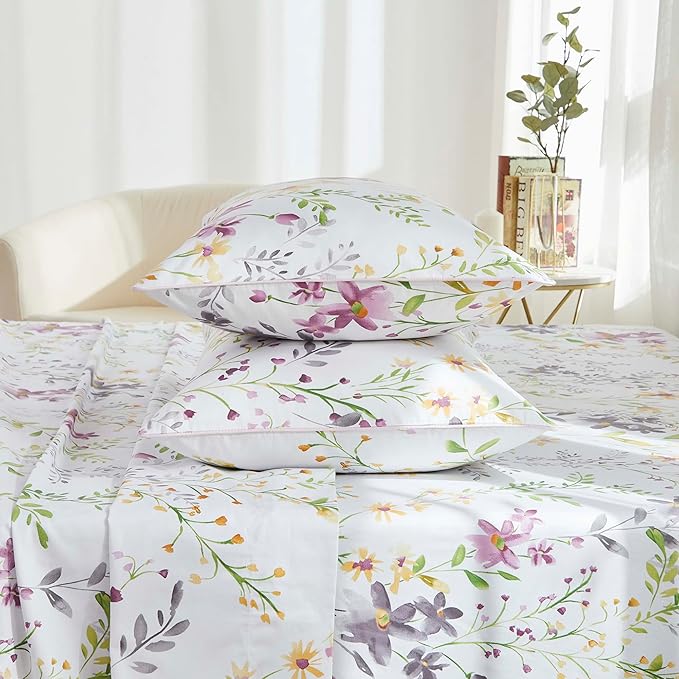Brandream Garden Style Floral Bedding Elegant Watercolor Farmhouse Sheets Set Queen Size Luxury Bedding Collections 800 Thread Count 100% Egyptian Cotton Deep Pocket, 4 Piece