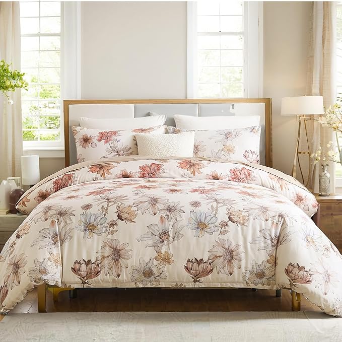 100% Cotton Duvet Cover King Size – Cream Hand-Drawn Watercolor Blooms Duvet Cover Set with Zipper Closure & Corner Ties, 3-Piece Luxury & Silky Soft Bedding Set for All Seasons