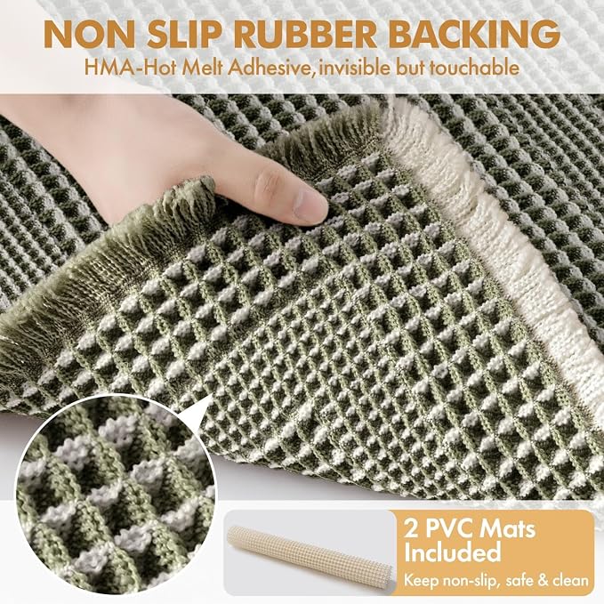 MIULEE Set of 2 Waffle Bathroom Rugs, Boho Bath Rug Super Absorbent, Non Slip Washable Ultra Soft Rubber Backed Shower Bath Mats for Floor, Tub, Shower, Looped Design, Green & Cream, 18x30 Inch