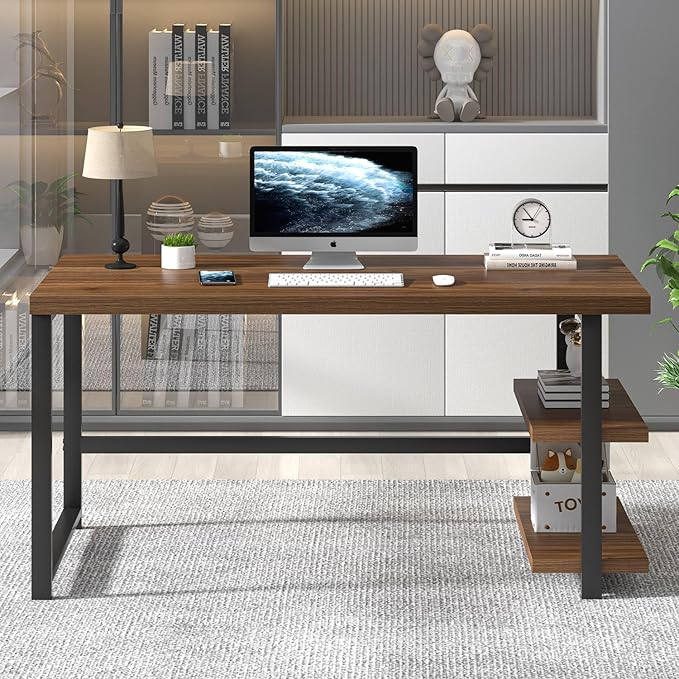 FOLUBAN Modern Computer Desk, Wood Home Office Desk, Study Writing Gaming Table Workstation with Storage Shelves for Living Room Bedroom, Rustic Walnut, 53 Inch